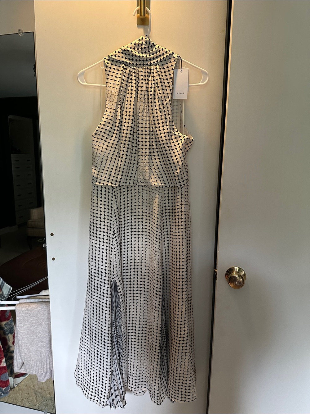 Reiss Black & White High-Neck Polka Dot High-Low Maxi Dress